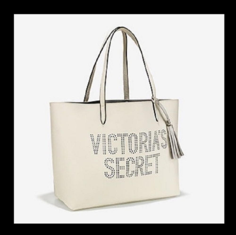 Victoria's Secret Laser Cut Large Logo Tote Bag Faux Leather Open Top White NWT - Picture 4 of 13